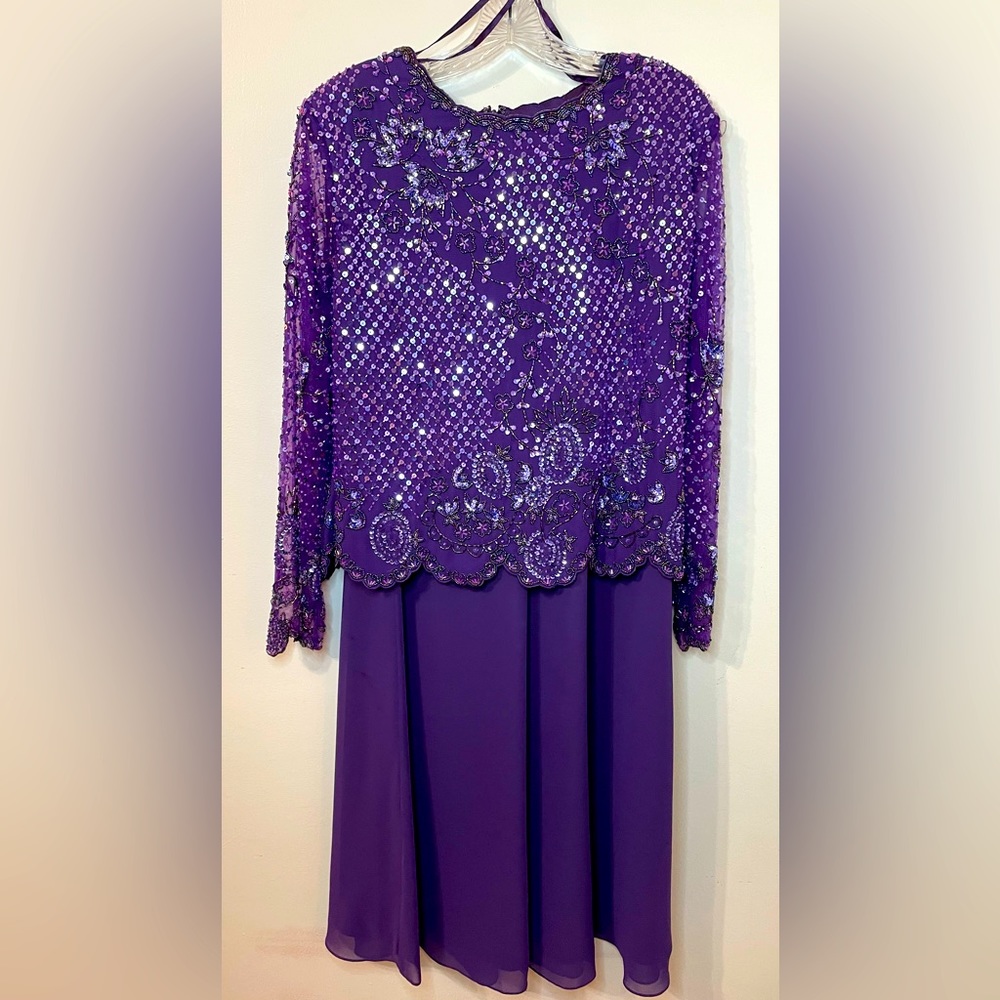 Vintage Woman’s Unbranded Purple Hand Beaded Long Sheer Sleeve Top w Skirt Set